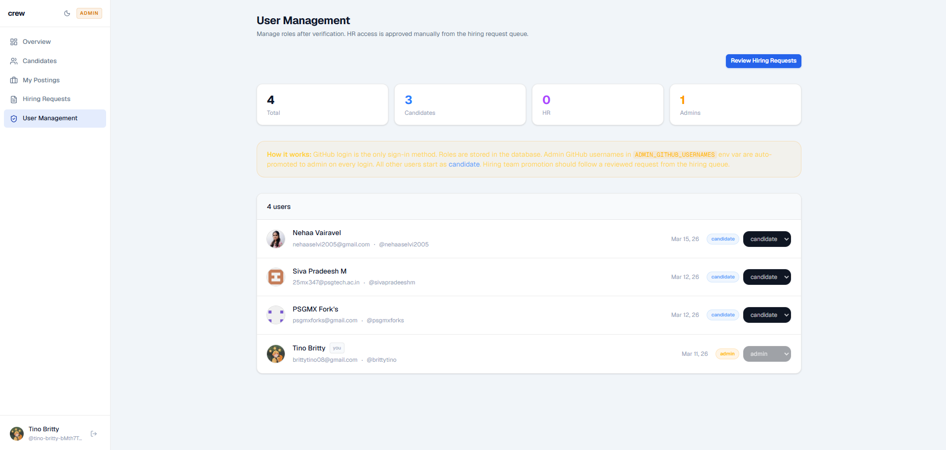 Admin user management panel