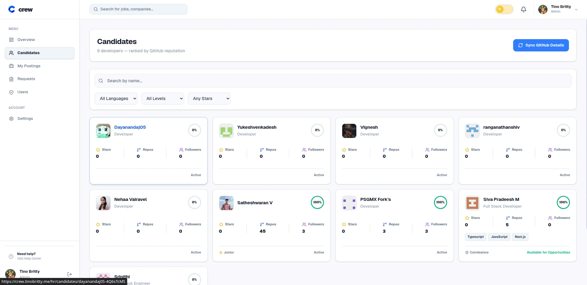 Developer profile and signal view