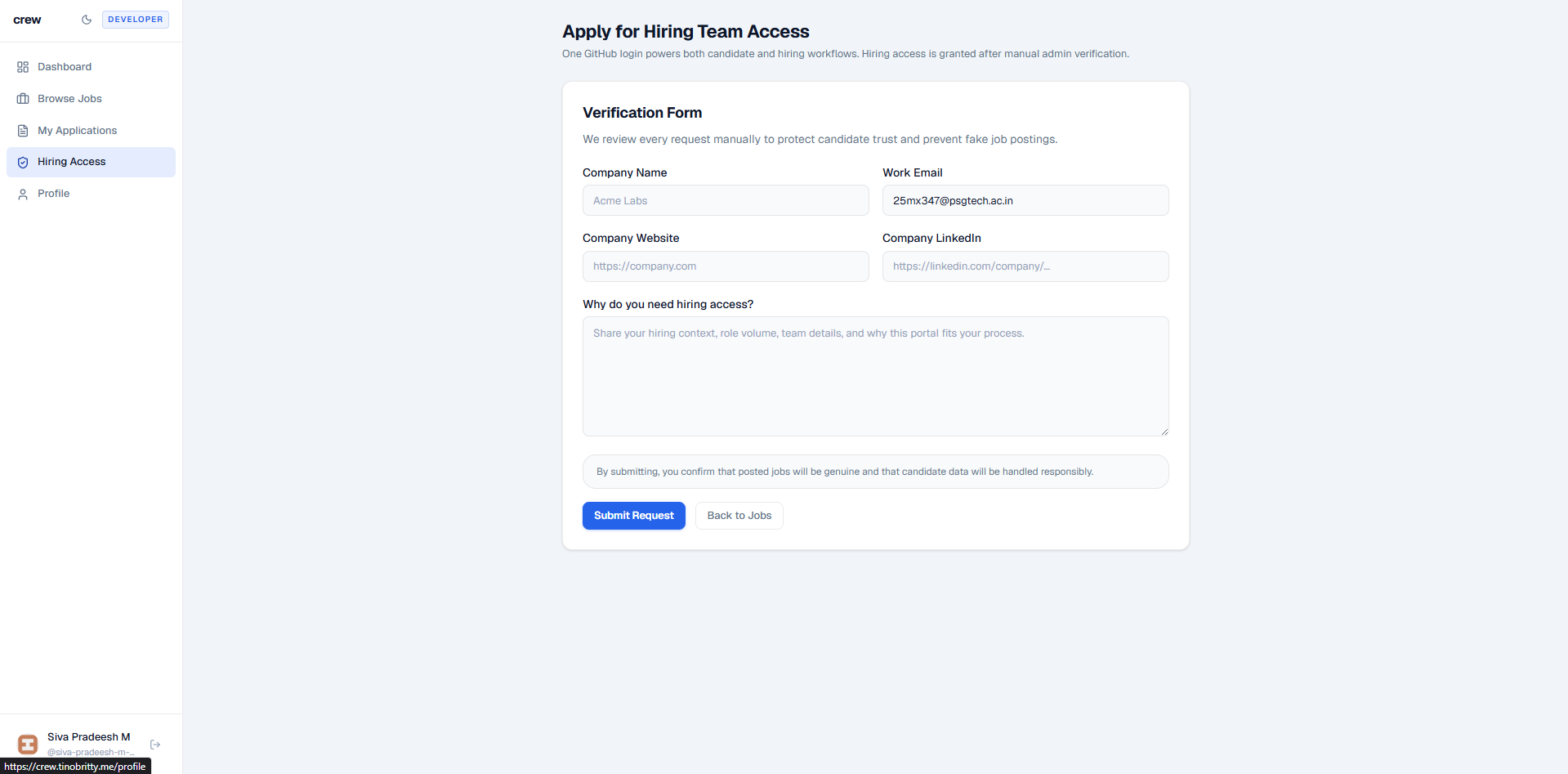 Hiring access verification