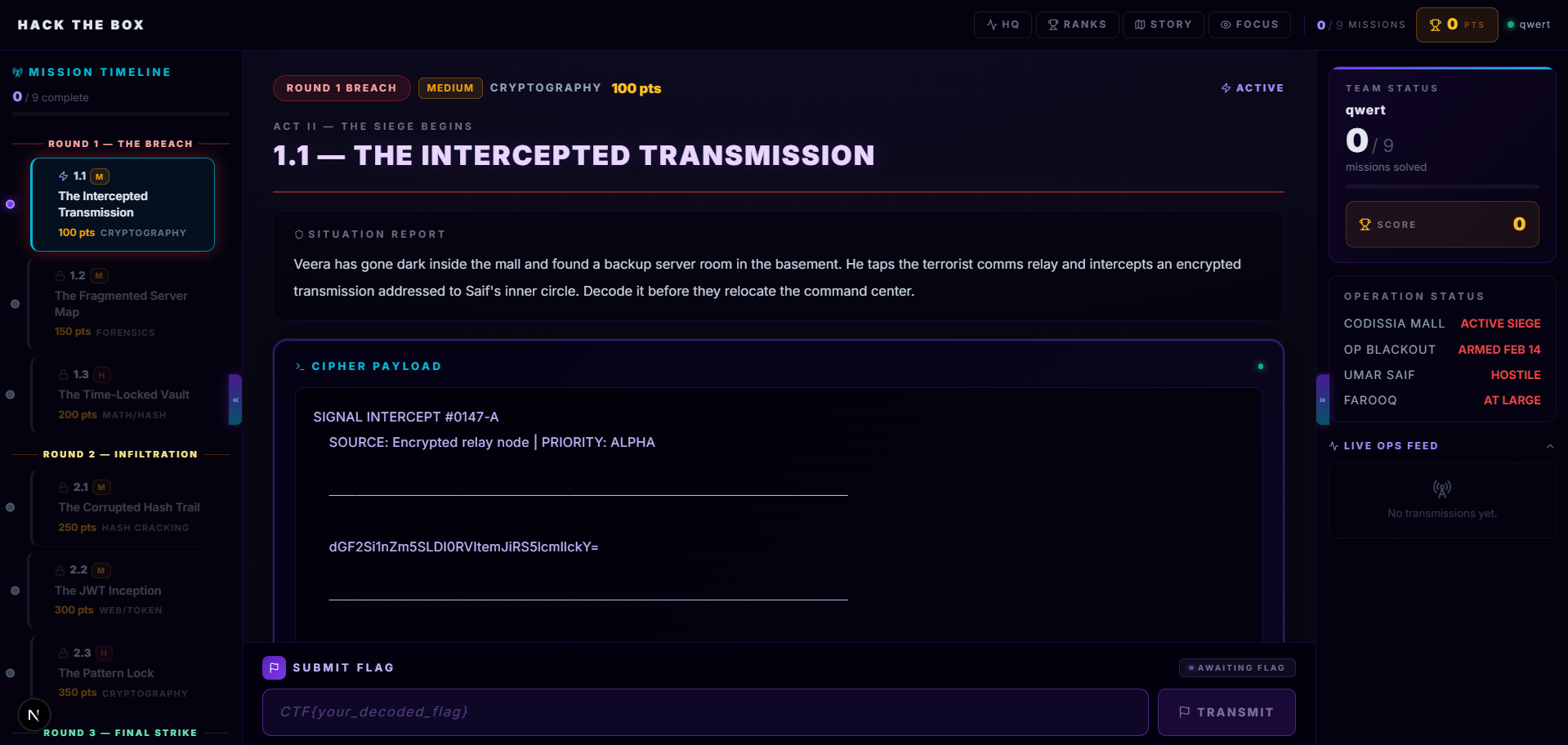 Challenge terminal and flag submission flow