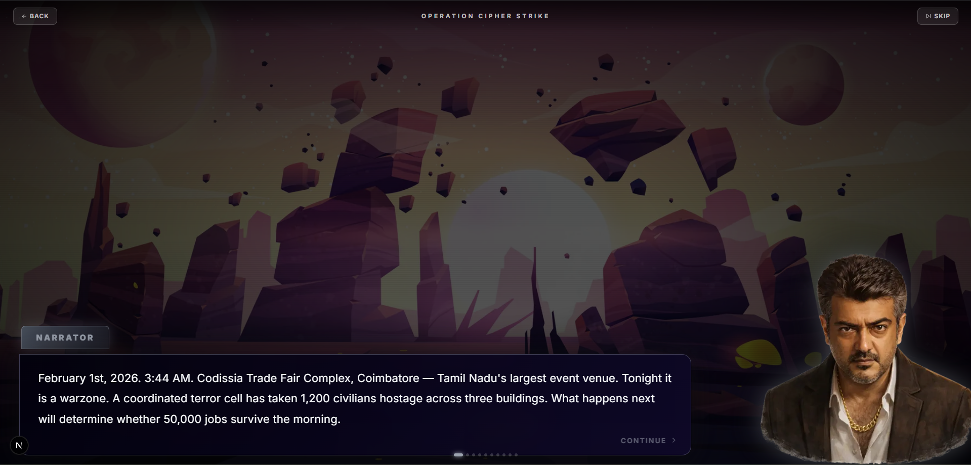 Cinematic mission story screen