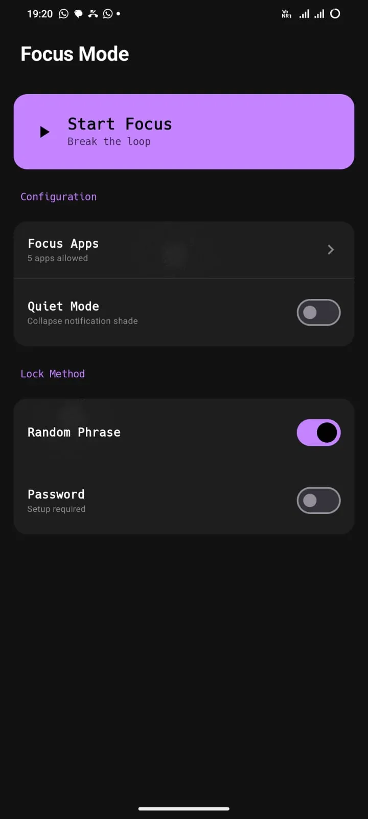 Focus Mode configuration screen
