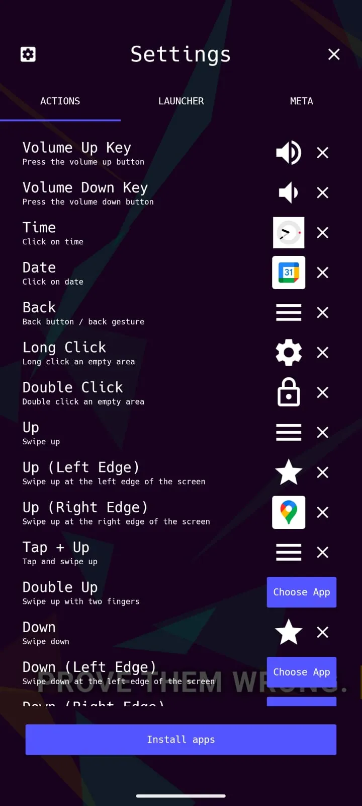 Settings panel showing gesture controls