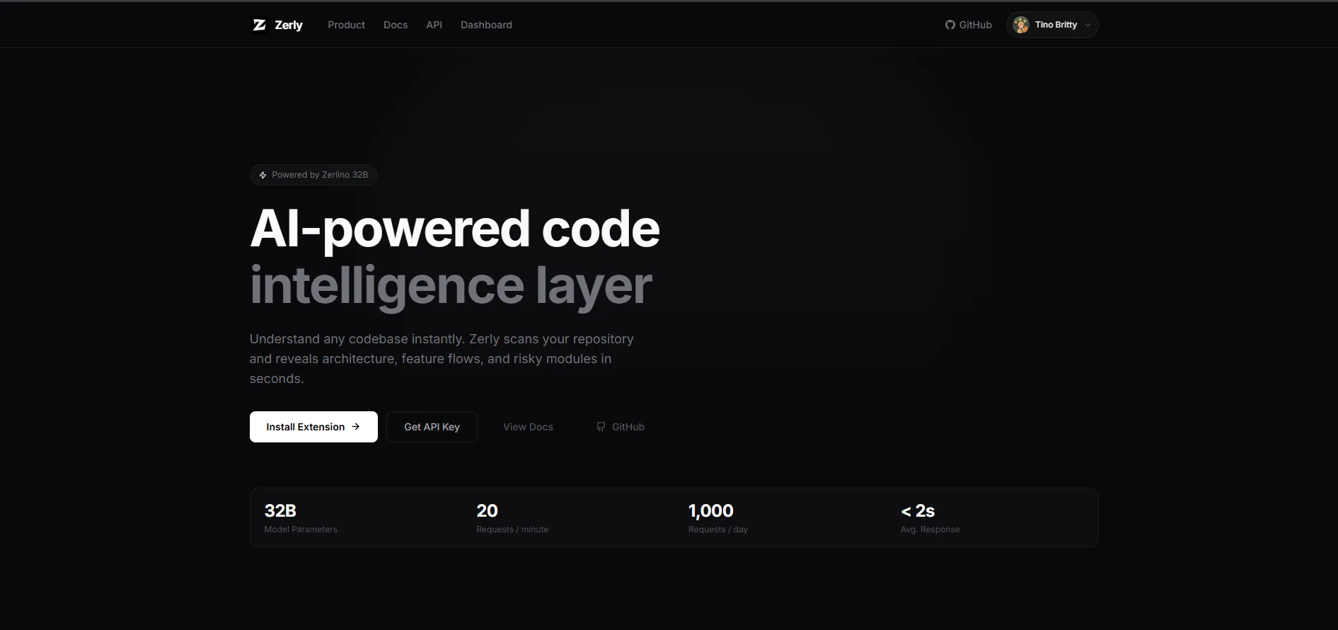 Zerly landing view highlighting AI-powered code intelligence