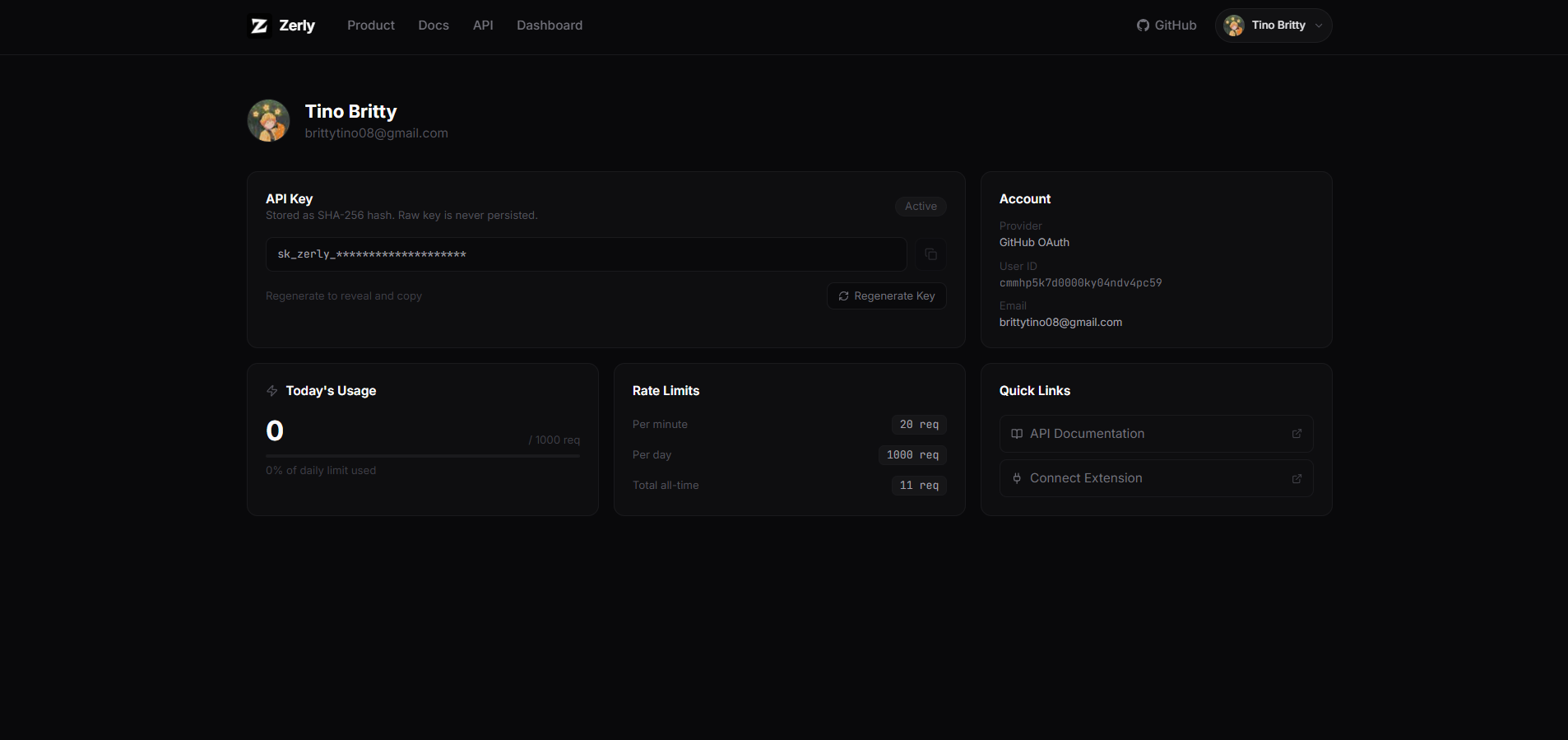 Zerly account dashboard with API key handling, usage, and rate limits