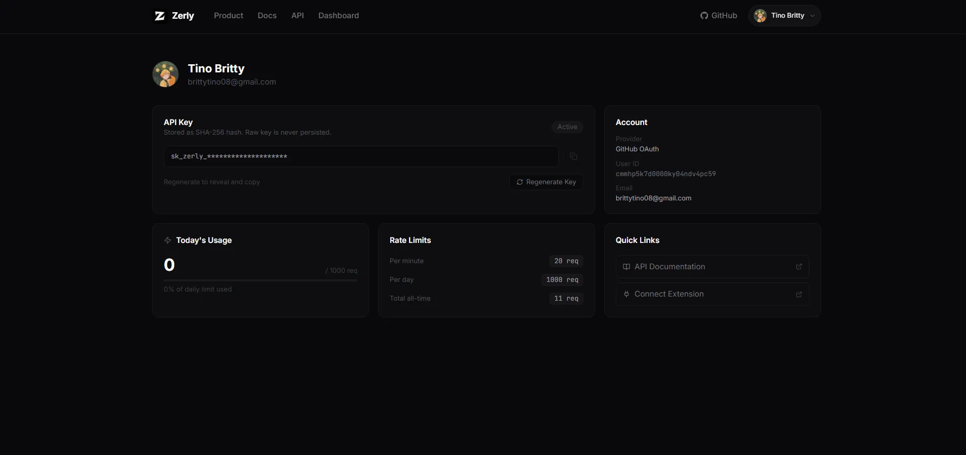 Zerly account dashboard with API key handling, usage, and rate limits