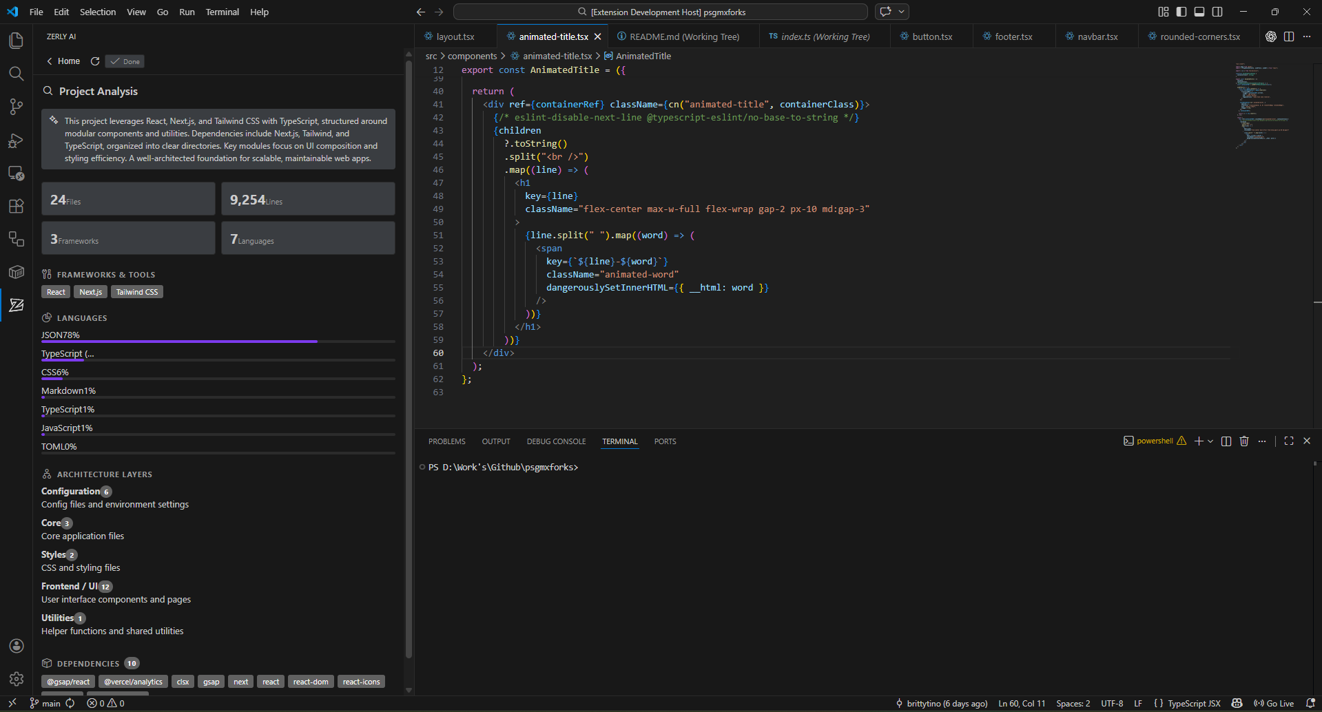 Zerly extension sidebar showing project analysis, framework detection, and architecture layers