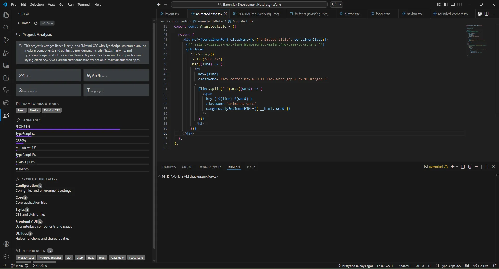 Zerly extension sidebar showing project analysis, framework detection, and architecture layers