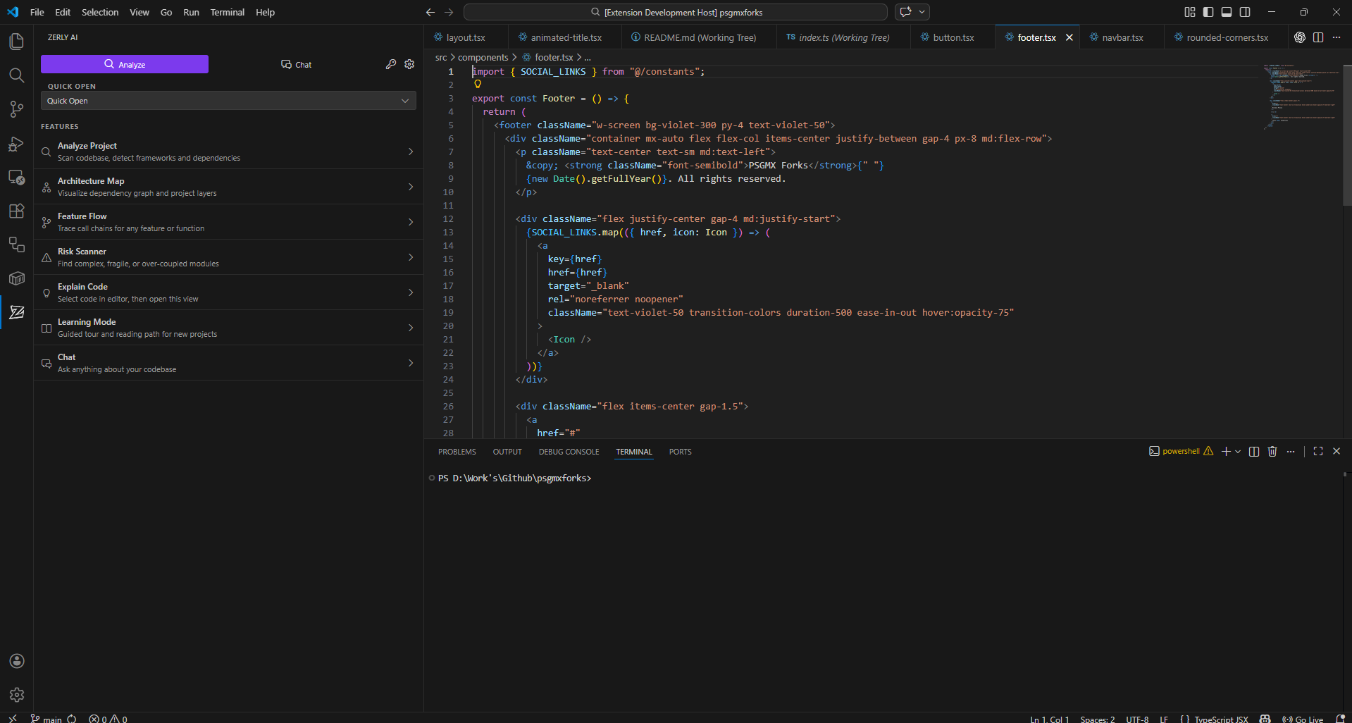 Zerly extension interface showing feature-first navigation and integrated tooling